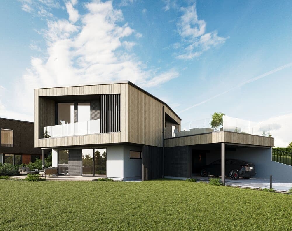 Illustrasjon av moderne bolig i to plan med trekledning, takterrasse og carport